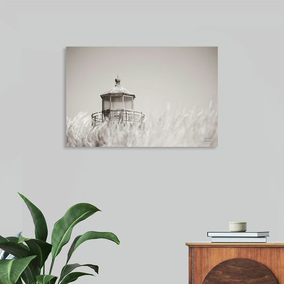 "Oregon Coast Lighthouse Neutral" by Nathan Larson is a timeless black and white photograph that captures the serene beauty of a coastal lighthouse. The lighthouse, partially obscured by tall grasses, stands tall against a soft, hazy sky. The monochromatic tones add a sense of nostalgia and timelessness to the image, while the lighthouse's solitary presence evokes a feeling of peace and contemplation. This limited edition print is perfect for adding a touch of coastal charm to any home or office.