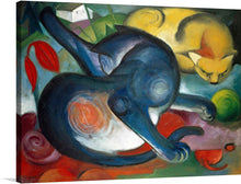  Franz Marc's "Two Cats, Blue and Yellow" (1912) is a stunning example of Expressionist painting, capturing the essence of two cats through bold colors and simplified forms.&nbsp;  The two feline figures stand out against a neutral background, their bodies composed of flat planes of color. 