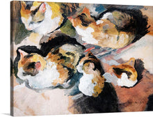  August Macke's "Katzenstudien" (Study of a Cat) is a colorful and vibrant painting that captures the playful and energetic nature of a cat. The painting is oil on canvas and was painted in 1909. The cat is depicted in a mid-leap, its tail arched and its paws outstretched. The cat's body is a blur of motion, suggesting that it is moving quickly and agilely.