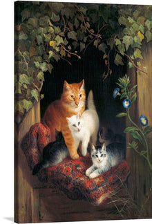  Cat with Kittens (1844) is a charming and heartwarming painting by Henriëtte Ronner-Knip that captures the tender bond between a mother cat and her playful kittens. The painting depicts a mother cat nestled comfortably on an old blanket, surrounded by four frolicking kittens. The mother cat's expression is one of contentment and maternal affection, her eyes gently watching over her playful offspring.