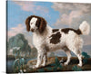 “Brown and White Norfolk or Water Spaniel” by George Stubbs is a striking and lifelike portrait of a hunting dog, capturing its intelligence, athleticism, and loyalty. Painted in 1778, the artwork is an example of Stubbs’ mastery of animal painting, which earned him the title of “the equine painter.” The Norfolk Spaniel, which no longer exists as a pure breed, was used by sportsmen to spring and retrieve game from water. 