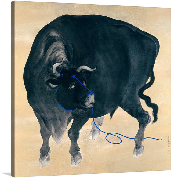 “Black Bull” by Mochizuki Gyokusen is a captivating testament to the raw power and quiet nobility of the bovine world. In this striking artwork, the black bull emerges from the canvas with an imposing presence. Its muscular form, meticulously rendered, exudes strength and resilience. The artist’s skillful brushwork captures the texture of its fur, while the expressive eyes hint at a depth of emotion.