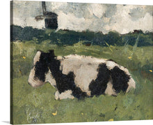  Richard Roland Holst's "Resting Cow with a Mill" is a captivating painting that captures the tranquility and serenity of a rural landscape. The painting depicts a lone cow peacefully resting in a meadow, its body relaxed and content.