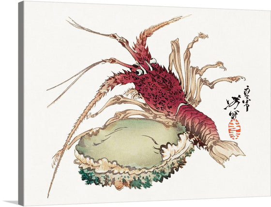 Tsukioka Yoshitoshi's "Lobster and Abalone" is a captivating and vibrant woodblock print that captures the beauty and delicacy of two marine creatures, the lobster and the abalone. The print depicts a live lobster, its bright red shell contrasting vividly with the muted tones of the abalone's shell.