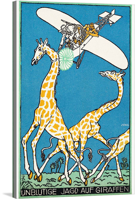 “Bloodless Giraffe Hunt (Unblutige Jagd auf Giraffen)” invites you to the whimsical world of Moriz Jung. This captivating artwork captures the surreal dance of light and color, where giraffes meet early aviation. Against a vibrant backdrop, two yellow-spotted giraffes sprint across green grass, their elongated necks defying gravity. 