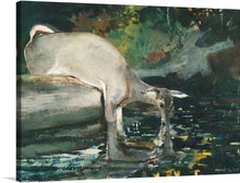  Winslow Homer's "Deer Drinking" is a stunning and evocative watercolor painting that captures the simple beauty of a deer quenching its thirst. The deer is depicted in profile, its head lowered and its antlers reflected in the still water. 