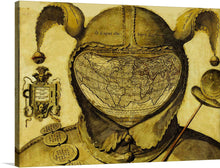  This print is a fascinating reproduction of a 16th-century world map, uniquely shaped like a jester’s hat. The map, predominantly in shades of yellow and brown, features the continents and oceans at its center, offering a glimpse into the geographical understanding of the era.