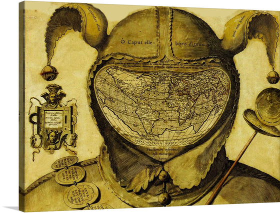 This print is a fascinating reproduction of a 16th-century world map, uniquely shaped like a jester’s hat. The map, predominantly in shades of yellow and brown, features the continents and oceans at its center, offering a glimpse into the geographical understanding of the era.