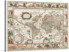  The “Nova totius terrarum orbis geographica ac hydrographica tabula (1635–1649)” print is a captivating piece of history that brings the world of the 17th century to life. This meticulously detailed map, adorned with mythological figures, nautical scenes, and intricate geographical markings, is a testament to the spirit of exploration and discovery that defined the era.