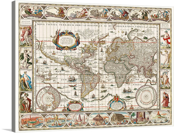 The “Nova totius terrarum orbis geographica ac hydrographica tabula (1635–1649)” print is a captivating piece of history that brings the world of the 17th century to life. This meticulously detailed map, adorned with mythological figures, nautical scenes, and intricate geographical markings, is a testament to the spirit of exploration and discovery that defined the era.