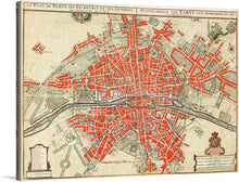  Immerse yourself in the intricate details and rich history encapsulated in this stunning print of an antique map of Paris. Each street, building, and landmark is meticulously illustrated, offering a glimpse into the city’s illustrious past. The vibrant red highlights contrast beautifully with the muted tones of the base map, making it a striking piece of art that will elevate any space. 