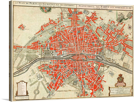 Immerse yourself in the intricate details and rich history encapsulated in this stunning print of an antique map of Paris. Each street, building, and landmark is meticulously illustrated, offering a glimpse into the city’s illustrious past. The vibrant red highlights contrast beautifully with the muted tones of the base map, making it a striking piece of art that will elevate any space. 