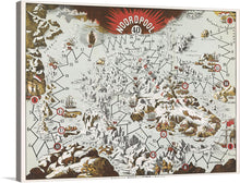  This intricate artwork, titled “Noordpool (ca. 1869–1907)” by Nijgh & Van Ditmar, is a stunning tribute to the Arctic region. The illustrated map depicts the North Pole region, showcasing various elements associated with Arctic exploration. The map is adorned with illustrations of ships navigating through icy waters, indicating maritime exploration. There are numbers connected by lines across the map possibly representing routes or significant locations. 