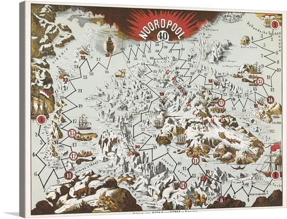 This intricate artwork, titled “Noordpool (ca. 1869–1907)” by Nijgh & Van Ditmar, is a stunning tribute to the Arctic region. The illustrated map depicts the North Pole region, showcasing various elements associated with Arctic exploration. The map is adorned with illustrations of ships navigating through icy waters, indicating maritime exploration. There are numbers connected by lines across the map possibly representing routes or significant locations. 