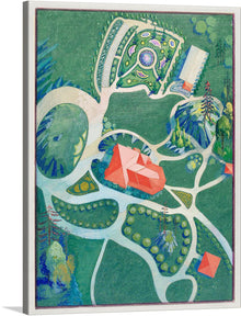  “Estate of Isaac P. Martin” is a vibrant art print that showcases the artist’s unique style. The print features a colorful and intricate garden, a labyrinth of winding paths and geometric shapes. The garden is predominantly green, with splashes of blue, pink, and yellow. 