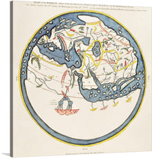  Embark on a journey through time with this exquisite print of an ancient map of the world, taken from a vellum manuscript of the 11th century. Every line and color tells a story of lands once mysterious and uncharted. The intricate details, from the whimsical sea creatures in the ocean to the complex terrains of continents, are captured with artistic finesse.