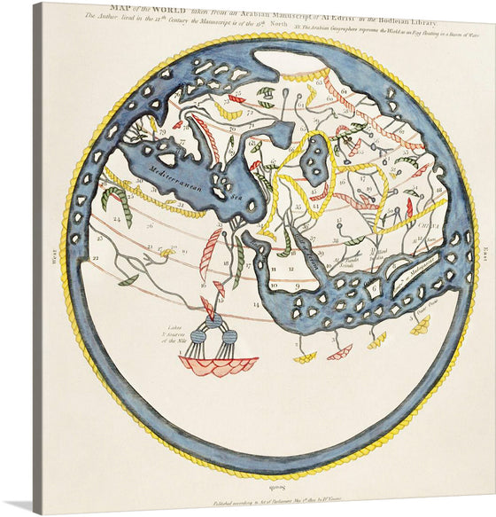 Embark on a journey through time with this exquisite print of an ancient map of the world, taken from a vellum manuscript of the 11th century. Every line and color tells a story of lands once mysterious and uncharted. The intricate details, from the whimsical sea creatures in the ocean to the complex terrains of continents, are captured with artistic finesse.