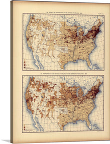  “Statistical Atlas of the United States” is a captivating print that invites you to explore the rich tapestry of American history. Crafted with meticulous detail, this artwork showcases the distribution and proportion of natives of Ireland across the nation in 1880. Each color-coded section tells a story, offering insights into patterns of migration and settlement. 