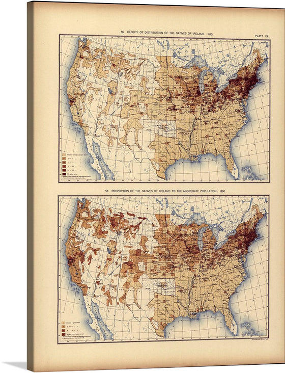 “Statistical Atlas of the United States” is a captivating print that invites you to explore the rich tapestry of American history. Crafted with meticulous detail, this artwork showcases the distribution and proportion of natives of Ireland across the nation in 1880. Each color-coded section tells a story, offering insights into patterns of migration and settlement. 