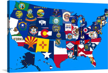  “Flag map of the United States (Subdivisions)” is a unique and colorful print that showcases the diversity of the United States. Each state is represented by its own flag, creating a vibrant and eye-catching map.