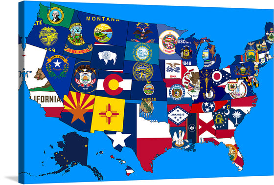 “Flag map of the United States (Subdivisions)” is a unique and colorful print that showcases the diversity of the United States. Each state is represented by its own flag, creating a vibrant and eye-catching map.