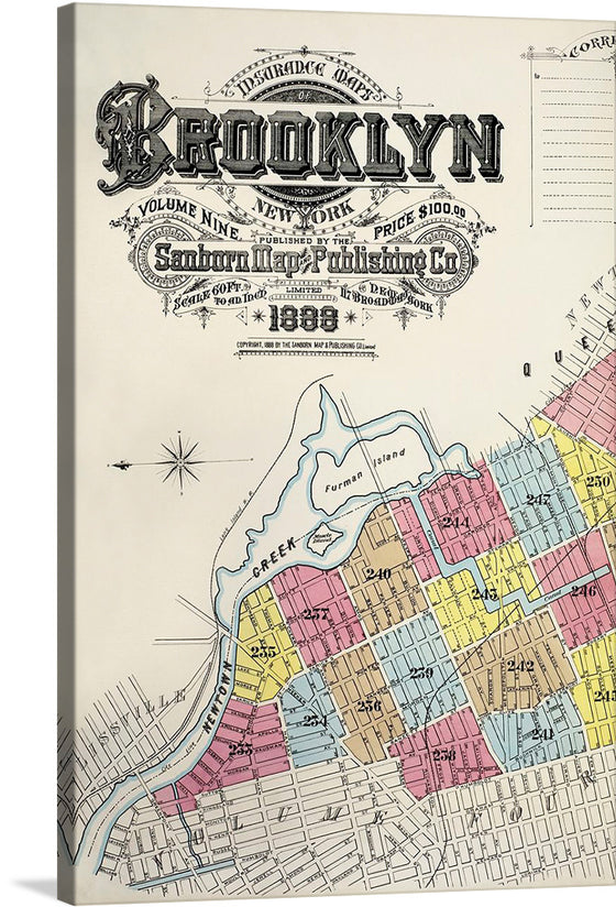 “Sanborn Fire Insurance Map from Brooklyn, Kings County, New York (1888)” is a captivating piece that invites you to explore the historical tapestry of Brooklyn. Crafted by the esteemed Sanborn Map Company, this meticulously detailed map transcends mere cartography.