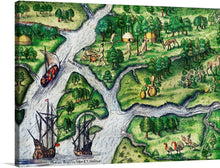  Thank you for sharing the image with me. The artwork titled “Port Royal, South Carolina illustration from Grand voyages (1596)” is a stunning representation of the lush landscapes of Port Royal and the majestic ships that graced its waters. The artwork is an illustration from “Grand Voyages (1596)” by Theodor de Bry depicting Port Royal, South Carolina. 