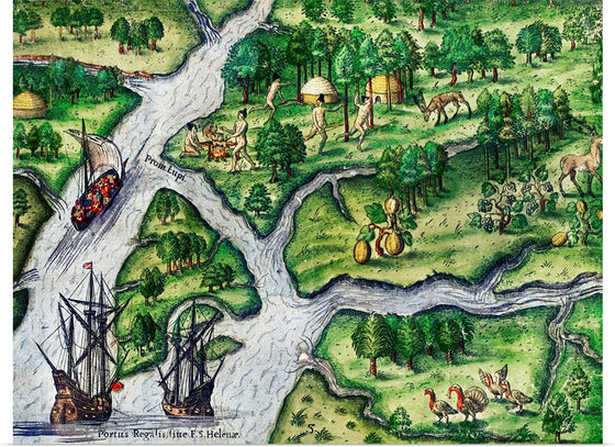 "Port Royal, South Carolina illustration from Grand voyages (1596)",  Theodor de Bry