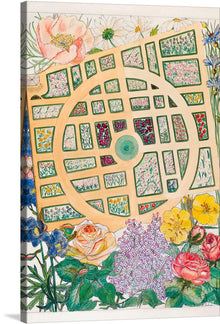  “Madame Jumel’s Garden (1936)” by Virginia Richards is a stunning watercolor and gouache painting that captures the essence of a blooming garden with an artistic flair. The artwork features an overhead view of a garden layout surrounded by various flowers. A prominent golden pathway, shaped in an intricate circular pattern with rectangular plots containing different types of greenery and flowers, adds a touch of elegance to the composition. 