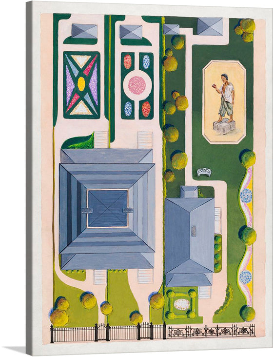Step into a world where classical artistry meets modern aesthetics with this unique artwork. This high-quality print features a harmonious blend of architectural precision and whimsical design elements. The meticulous detailing of the structures is beautifully offset by a playful garden and vibrant motifs. This piece invites viewers to explore a space where the grandeur of architectural drawings coexists with the charm of a classical painting inset.