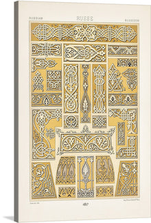  “Russian Pattern” by Albert Racine is a stunning artwork that captures the essence of Russian ornamental design. The intricate golden motifs and elaborate linework are presented in harmonious panels, creating a tapestry of culture and sophistication. 