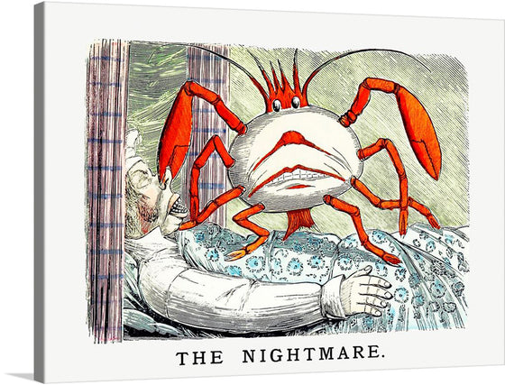 “The Nightmare from Un-Natural History Not Taught In Bored Schools, etc” by Simpkin, Marshall & Co. invites you into a whimsical and mysterious realm. This captivating vintage print, originally published in 1883, defies convention and sparks curiosity. At its heart stands a monstrous crab-like creature, its red limbs contrasting against a white body. 