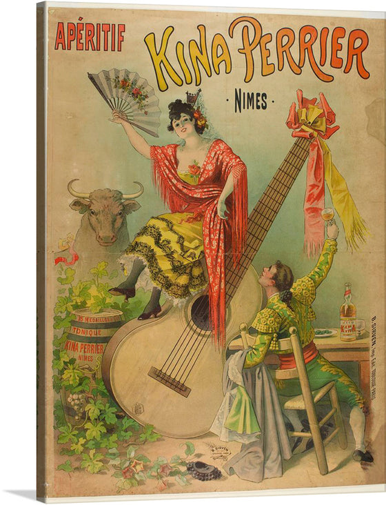 The “Kina Perrier Aperitif, 1895” print is a stunning piece of art that captures the essence of the 19th century. The artwork features a woman dressed in vibrant attire, sitting atop an oversized guitar, with a fan in one hand and surrounded by an eclectic mix of characters including a matador and a serene bull.