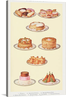  “Sweets and Gâteaux: Éclair, Assorted Pastry, Sponge Savoy Cake, Gâteaux St. Honoré, Simnel Cake, Pancakes, Pyramid Cream, and Croquettes of Rice” is a visual symphony of delectable delights. Each meticulously crafted pastry leaps off the canvas, inviting you to savor their flavors. The éclairs, with their creamy centers, beckon indulgence. 