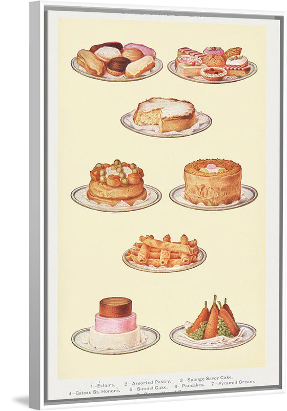 "Sweets and Gâteaux: Éclair, Assorted Pastry, Sponge Savoy Cake, Gâteaux St. Honoré, Simnel Cake, Pancakes, Pyramid Cream, and Croquettes of Rice"