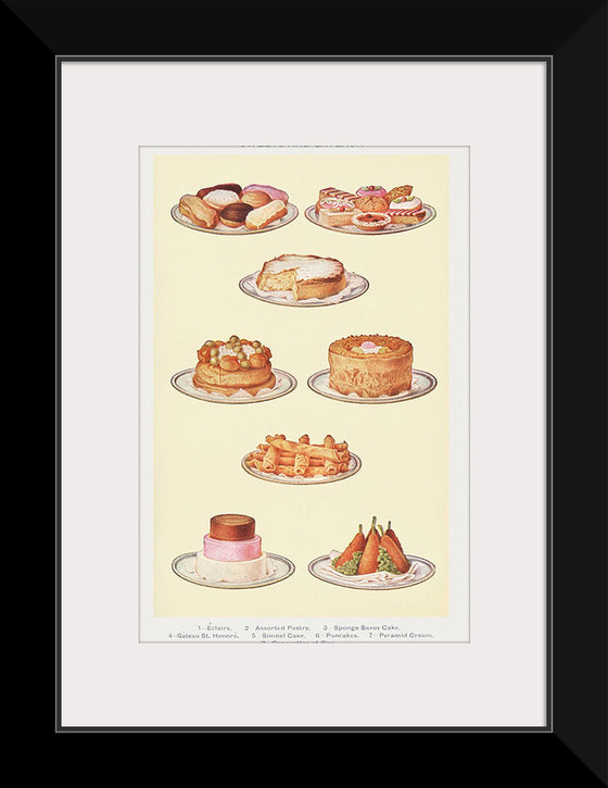 "Sweets and Gâteaux: Éclair, Assorted Pastry, Sponge Savoy Cake, Gâteaux St. Honoré, Simnel Cake, Pancakes, Pyramid Cream, and Croquettes of Rice"