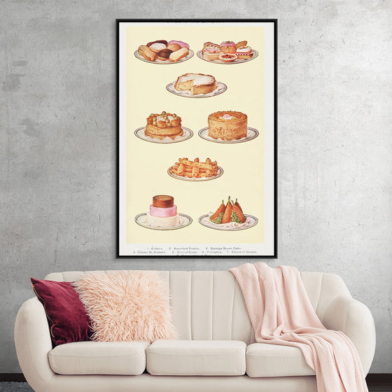 "Sweets and Gâteaux: Éclair, Assorted Pastry, Sponge Savoy Cake, Gâteaux St. Honoré, Simnel Cake, Pancakes, Pyramid Cream, and Croquettes of Rice"