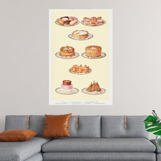 "Sweets and Gâteaux: Éclair, Assorted Pastry, Sponge Savoy Cake, Gâteaux St. Honoré, Simnel Cake, Pancakes, Pyramid Cream, and Croquettes of Rice"