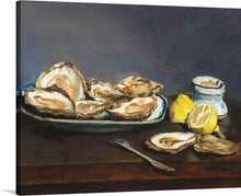  “Oysters (1862)” is a still life painting by Edouard Manet that captures the essence of elegance and simplicity. The artwork features a blue-rimmed plate holding several oysters, their textures detailed and realistic. To the right of the plate, there are two lemon wedges and an open jar or container.