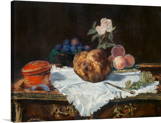 Immerse yourself in the timeless elegance of this exquisite still life painting, now available as a premium print. Every brushstroke and color palette is meticulously replicated, offering art enthusiasts a piece of enduring beauty to adorn their spaces. The artwork captures an array of fruits, including grapes and peaches, harmoniously arranged beside a rustic bread loaf and an ornate red box. 