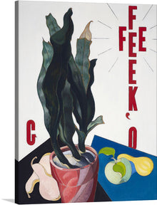  Dive into a world where the ordinary meets the extraordinary with this stunning print titled ‘O'Keeffee’ by Charles Demuth. A potted plant, painted with such finesse it seems to dance off the canvas, is the star of this artwork. The dark green leaves, full of life and movement, are contrasted by a backdrop that is both geometric and whimsical. The bold red letters spelling ‘FEEKO’ add an element of mystery and intrigue.