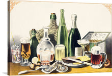  “The Best Wines, Liquors, Ales & Lager Beer” is a lithograph print by L.N Rosenthal, published in Philadelphia in 1871. The artwork features a table with various bottles of alcoholic beverages and food. 
