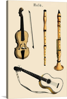  “Musik (1850)” is a stunning piece of art that captures the elegance and refinement of the 19th century. The artwork features meticulously illustrated musical instruments that evoke a bygone era of classical music. The violin, clarinet, and guitar are rendered with intricate details showcasing their timeless beauty. Each instrument is a testament to the craftsmanship and musical heritage of its time. 