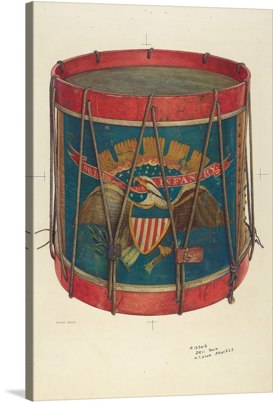 Wayne White’s Civil War Drum is a beautiful watercolor, graphite, and colored pencil illustration that captures the essence of the American Civil War. The painting depicts a drum that was used during the war, with intricate details and patterns that are characteristic of the era. 