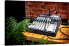 “Sound Mixer with Control Panel”: Immerse yourself in the intricate world of sound with our captivating print. Every knob, slider, and cable is meticulously captured, inviting viewers to step into the role of a sound engineer. The lush greenery and warm wooden textures contrast beautifully with the technical elements, offering a visual symphony that bridges the natural and artificial worlds. 