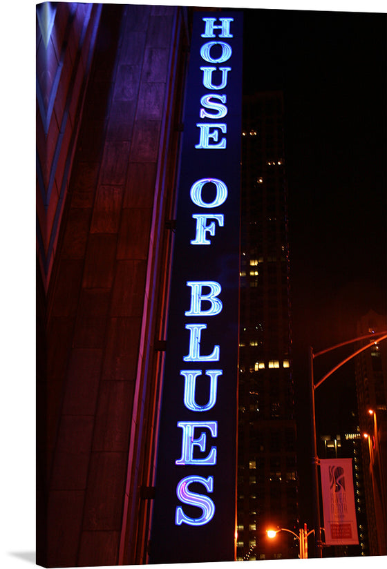 This print features the iconic House of Blues sign in downtown Chicago. The sign is lit up in a vibrant blue against the night sky, creating a striking contrast. This print would make a great addition to any music lover’s collection. The image shows the House of Blues sign in downtown Chicago, which is vertical and reads “House of Blues” in all caps.