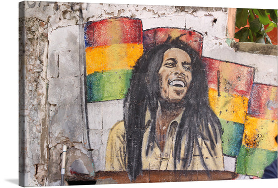 Immerse yourself in the vibrant and soul-stirring artwork, a print that captures the essence of urban creativity and resilience. The piece showcases Bob Marley against a backdrop of colorful squares, each hue telling its own silent tale. 