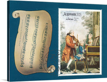  This print, titled “Stamp of Ajman - Wolfgang Amadeus Mozart (1969),” is a harmonious blend of visual and auditory elegance. It features a gracefully aged parchment unfurling to reveal dancing musical notes, meticulously inscribed to invite the viewer into a world of melodious tunes. Adjacent to this, an Ajman stamp breathes life into a bygone era, portraying musicians engrossed in their craft amidst nature’s serene beauty.