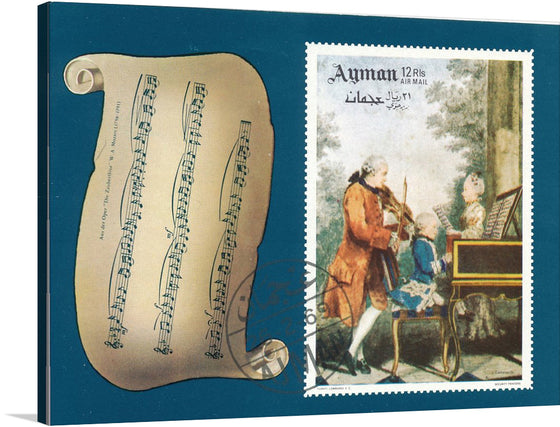 This print, titled “Stamp of Ajman - Wolfgang Amadeus Mozart (1969),” is a harmonious blend of visual and auditory elegance. It features a gracefully aged parchment unfurling to reveal dancing musical notes, meticulously inscribed to invite the viewer into a world of melodious tunes. Adjacent to this, an Ajman stamp breathes life into a bygone era, portraying musicians engrossed in their craft amidst nature’s serene beauty.