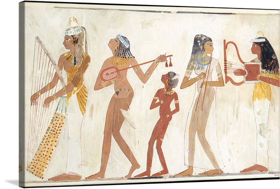 “Female Musicians” is a beautiful print of an ancient Egyptian artwork. The print showcases four female musicians playing various instruments. The musicians are wearing traditional Egyptian clothing and headpieces. 